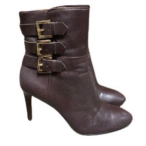 Nine West Brown Leather Buckle Heeled Bootie Size 8.5